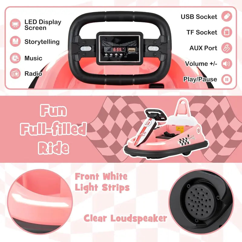 "360 Spin Bumper Car Ride-On: Remote Control, LED Lights, Music - Fun for Kids Indoors & Outdoors!"